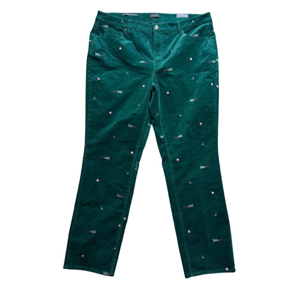 Talbots Pants Women 16W Corduroy Straight Leg Pant Green Holiday Embroidered NEW